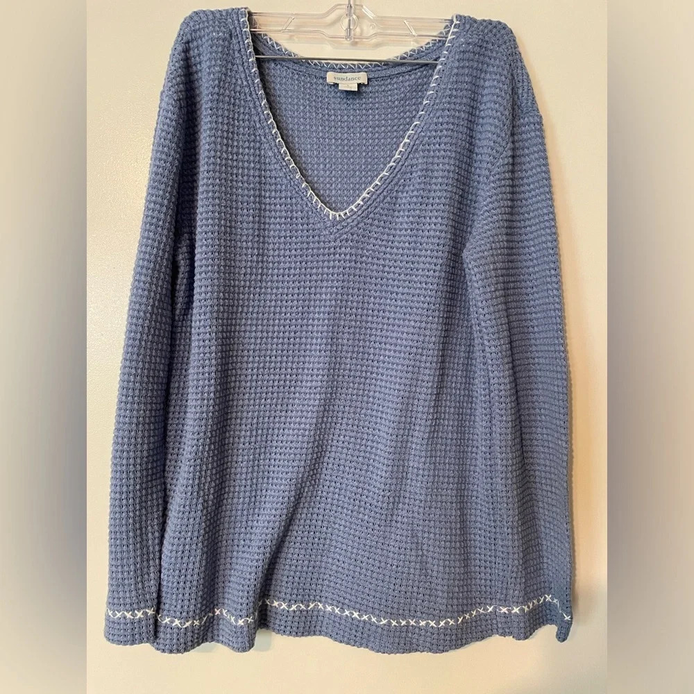 Sundance Blue Waffle Knit Sweater Embroidered Trim V Neck Long Sleeves S…